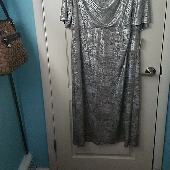 knee length dresses for ladies Connected Apparel Scoop Neckline 3/4 Sleeves Pull Over Short Metallic Knit  Dress with Attached Jacket